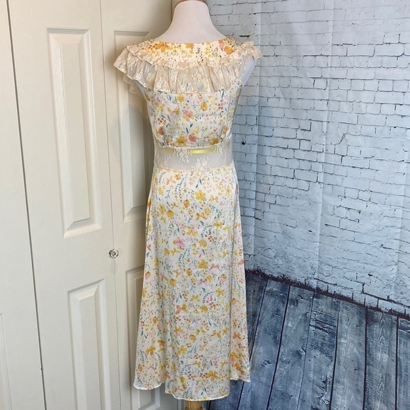 Simple Retro Romantic Flounce Sleeve Lace Detail Floral Slip Dress M Cottage - Picture 8 of 16